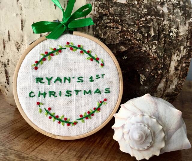 Customizable Hand Embroidered Personalized Baby's 1st Christmas Ornament - image 1