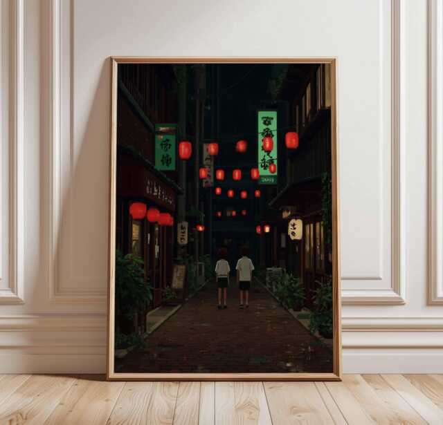 Rainy Night in Japanese Alley Poster, Street Lanterns & Reflections, Urban Cityscape Art Print, Wall - image 1