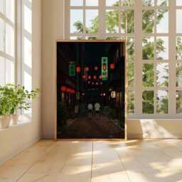 Rainy Night in Japanese Alley Poster, Street Lanterns & Reflections, Urban Cityscape Art Print, Wall - thumbnail 3