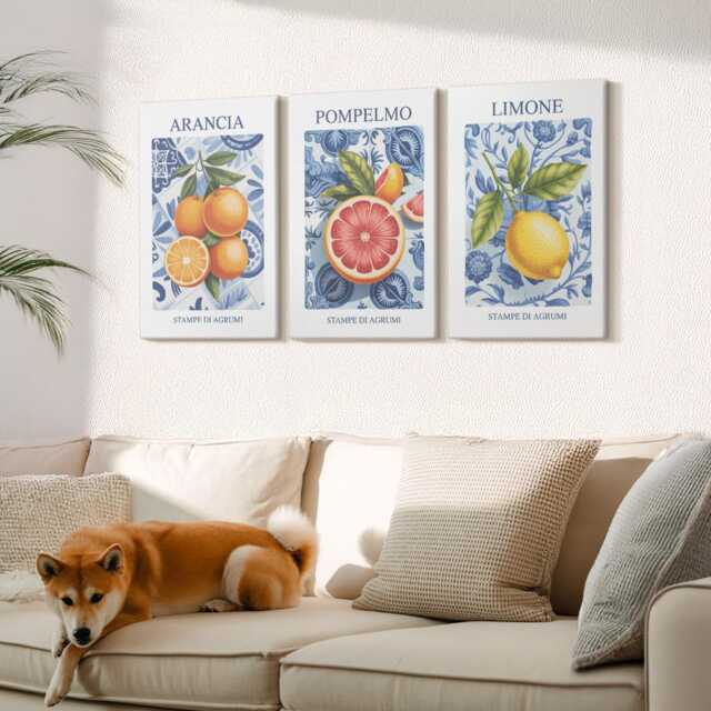 Canvas Set Of 3 Wall Art - Vintage Citrus Fruit Illustrations, Blue Large, Plants & Flowers Hanging Piece - image 1