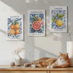 Canvas Set Of 3 Wall Art - Vintage Citrus Fruit Illustrations, Blue Large, Plants & Flowers Hanging Piece - thumbnail 3