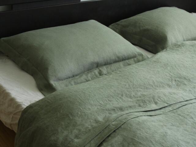 Green Softened Linen Bedding Set Duvet Cover + Pillowcases, King, Queen, Full, Double, Single, Twin, Custm Sizes - image 1