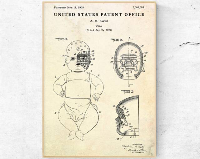 Doll 1935 Patent Print, Vintage Mechanical Toy Blueprint Poster, Creepy Dolls Bizarre Wall Art, Ready To Hang Canvas - image 1