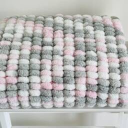 Hand Knitted Pom Baby Blanket White/Grey/Baby Pink - Pram Size - Approx 60cmx72cm - thumbnail 3