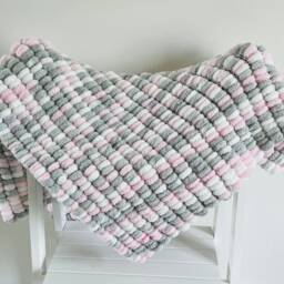 Hand Knitted Pom Baby Blanket White/Grey/Baby Pink - Pram Size - Approx 60cmx72cm - thumbnail 2