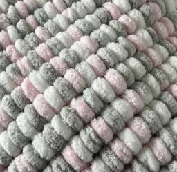 Hand Knitted Pom Baby Blanket White/Grey/Baby Pink - Pram Size - Approx 60cmx72cm - thumbnail 1
