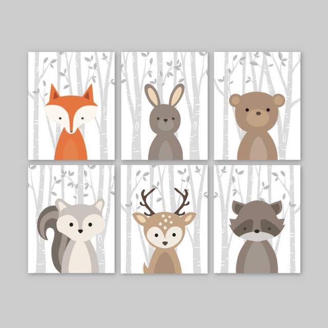 Woodland Nursery Animal Prints Forest Decor, Set Of 6 - Prints Or Canvas - image 1