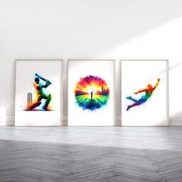 Cricket Wall Art Set - 3 Prints - Colourful Watercolour Poster Gift For Lover Room Artwork Boys Decor - thumbnail 1