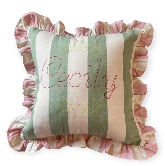 Handmade Personalised Embroidered Ruffled Cushion Cover - Sage & Pink Stripe, Ian Mankin Fabric - image 1