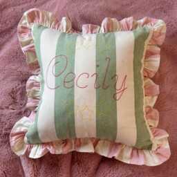 Handmade Personalised Embroidered Ruffled Cushion Cover - Sage & Pink Stripe, Ian Mankin Fabric - thumbnail 2