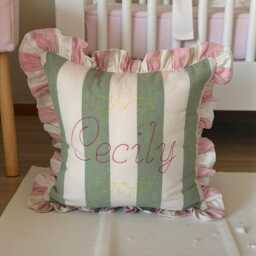 Handmade Personalised Embroidered Ruffled Cushion Cover - Sage & Pink Stripe, Ian Mankin Fabric - thumbnail 3