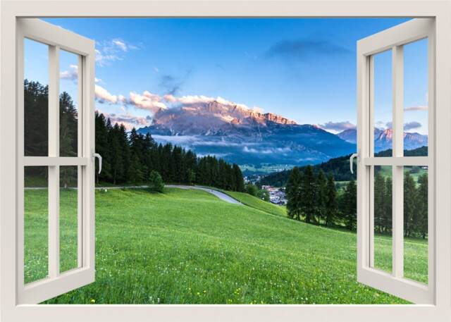Fields Wall Decal, Mural, Mountains Sticker, Nature 3D Window View Home Decor Living Room