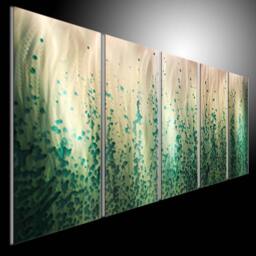 Abstract Metal Wall Art Sculpture, Green & Gold Painting Decor - thumbnail 1