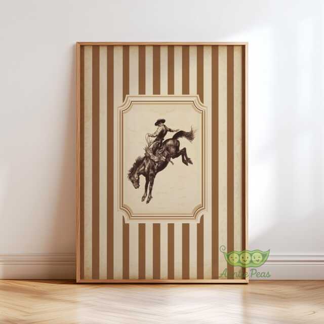Vintage Cowboy Rodeo Wall Art, Western Bucking Bronco Poster, Striped Rustic Ranch Decor, Antique Horse Artwork, Farmhouse Print