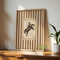 Vintage Cowboy Rodeo Wall Art, Western Bucking Bronco Poster, Striped Rustic Ranch Decor, Antique Horse Artwork, Farmhouse Print - thumbnail 3