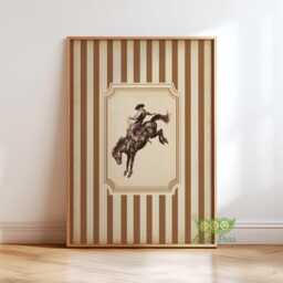 Vintage Cowboy Rodeo Wall Art, Western Bucking Bronco Poster, Striped Rustic Ranch Decor, Antique Horse Artwork, Farmhouse Print - thumbnail 1