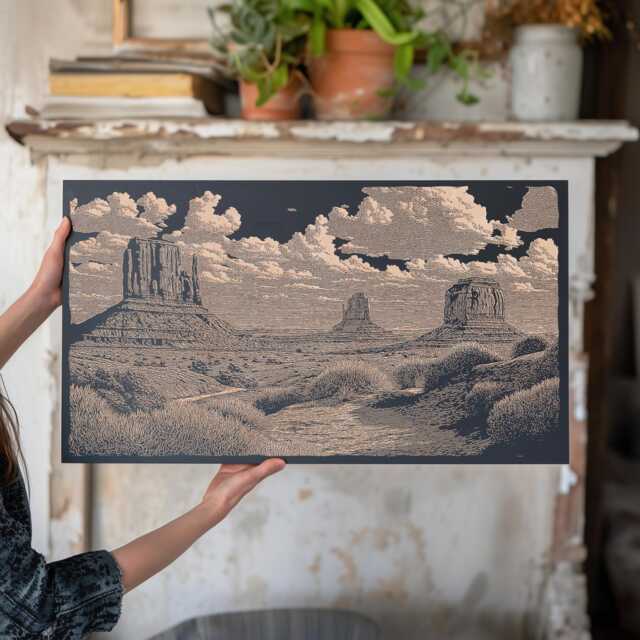 Monument Valley Wall Art - Arizona Landmark, Engraved Wooden Lithograph Illustration, Large Art, South Western Nature Home Decor Print - image 1