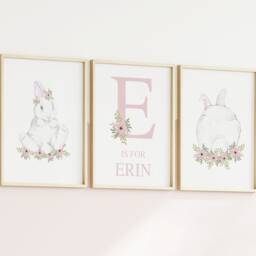Floral Bunny Prints, Dusky Pink Girl Nursery Rabbit Decor, Set Of 3 Dusty Art - thumbnail 2