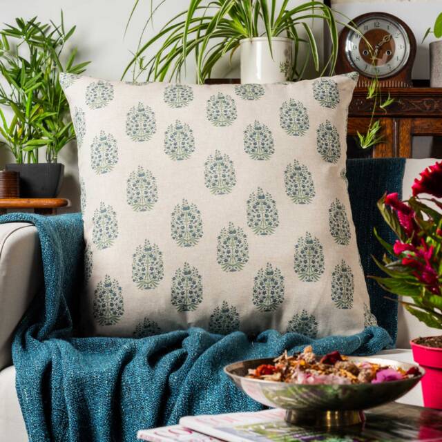 Apple Grove Linen Effect Extra-Large Cushion Cover, Indigo Blue & Green. Nature Inspired Geometric Trees & Blossom Print. 23X23 - image 1