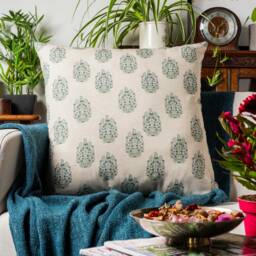 Apple Grove Linen Effect Extra-Large Cushion Cover, Indigo Blue & Green. Nature Inspired Geometric Trees & Blossom Print. 23X23 - thumbnail 1