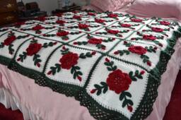 Burgundy Rose Crocheted Afghan Floral Throw Blanket