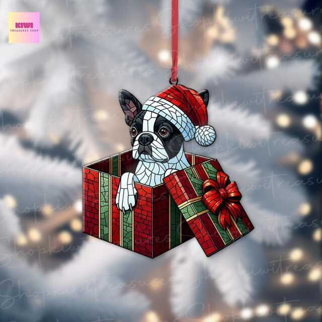 Boston Terrier Christmas Ornament, Peeking Dog in Gift Box - image 1