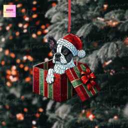 Boston Terrier Christmas Ornament, Peeking Dog in Gift Box - thumbnail 3