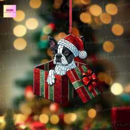 Boston Terrier Christmas Ornament, Peeking Dog in Gift Box - thumbnail 2