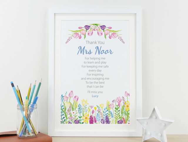 Personalised Thank You Teacher Poem Print With Floral Design - End Of Term Nursery School Gift Teaching Assistant Present Va137 - image 1