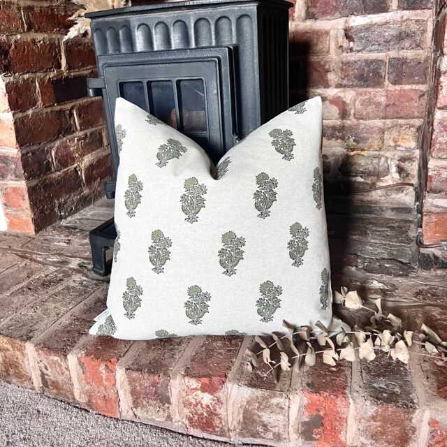 1568. Margaret Neg, Paisley Green Block Print - Linen/Cotton Cushion Cover - image 1