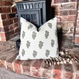 1568. Margaret Neg, Paisley Green Block Print - Linen/Cotton Cushion Cover - thumbnail 1
