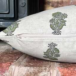 1568. Margaret Neg, Paisley Green Block Print - Linen/Cotton Cushion Cover - thumbnail 2