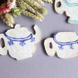 Handmade Ceramic Tea Cup Wall Art Tiny Painted Clay Decor - thumbnail 4