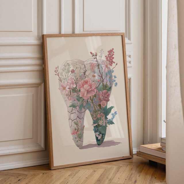 Dental Wall Art Print - Floral Tooth Illustration Elegant Dentist Office D??cor Botanical Medical - image 1