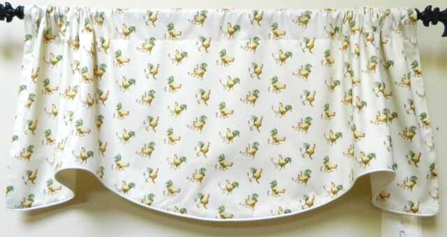 P. Kaufmann County Fair Hens & Roosters in Cream - Window Valance/Corded Lined, Rod Pocket Scalloped French Country Toile - image 1