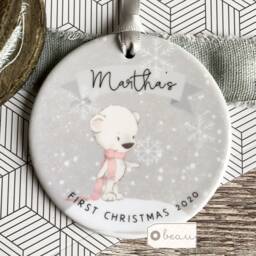Personalised Baby Babies Baby's First Christmas Boy Girl Newborn Bear Snowflake Design Ceramic Round Ornament Keepsake