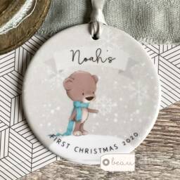 Personalised Baby Babies Baby's First Christmas Boy Girl Newborn Bear Snowflake Design Ceramic Round Ornament Keepsake - thumbnail 3