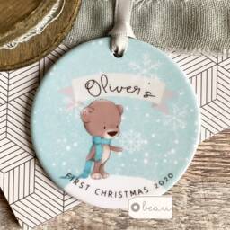 Personalised Baby Babies Baby's First Christmas Boy Girl Newborn Bear Snowflake Design Ceramic Round Ornament Keepsake - thumbnail 4