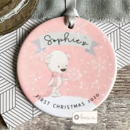 Personalised Baby Babies Baby's First Christmas Boy Girl Newborn Bear Snowflake Design Ceramic Round Ornament Keepsake - thumbnail 2