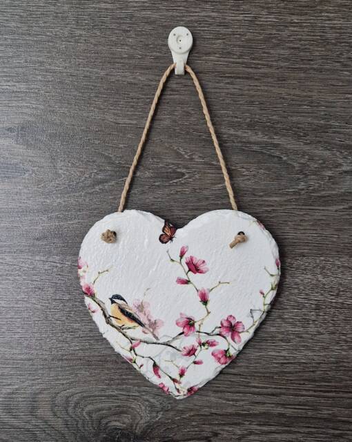 Decoupaged Slate Heart Wall Hanging Bird & Blossom Decor - 15cm - image 1