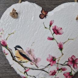 Decoupaged Slate Heart Wall Hanging Bird & Blossom Decor - 15cm - thumbnail 2