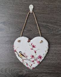Decoupaged Slate Heart Wall Hanging Bird & Blossom Decor - 15cm - thumbnail 1