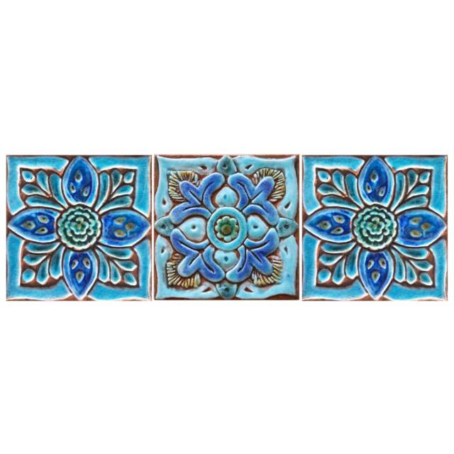 3 Ceramic Tiles For Bathroom Design, Wall Art, Kitchen Backsplash Ideas, Backyard Moroccan-Mandala-Suzani Design 15cm Turquoise - image 1