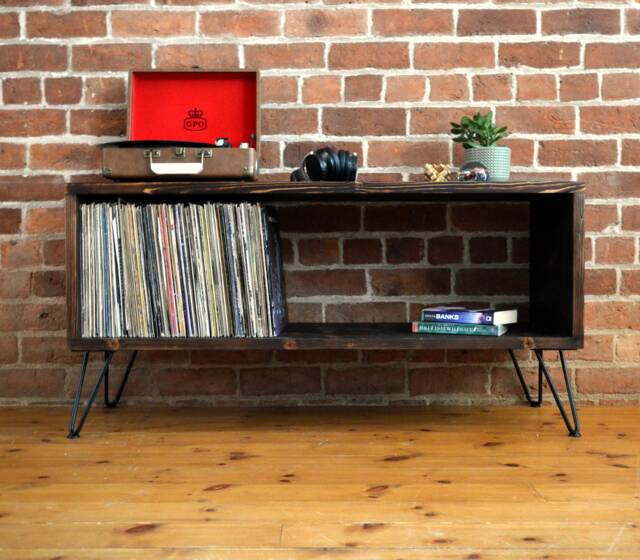 Mid Century Modern Vinyl Storage Unit With Hairpin Legs & Charred Finish - image 1
