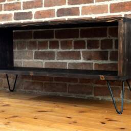 Mid Century Modern Vinyl Storage Unit With Hairpin Legs & Charred Finish - thumbnail 3