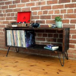 Mid Century Modern Vinyl Storage Unit With Hairpin Legs & Charred Finish - thumbnail 2