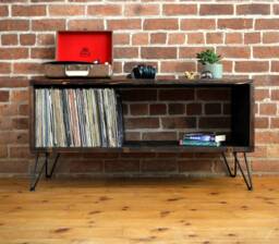 Mid Century Modern Vinyl Storage Unit With Hairpin Legs & Charred Finish - thumbnail 1