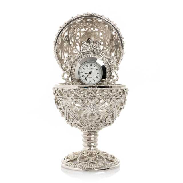 Silver Faberge Egg Trinket Box Keren Kopal Clock & Swarovski Crystals - image 1