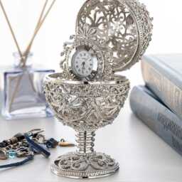 Silver Faberge Egg Trinket Box Keren Kopal Clock & Swarovski Crystals - thumbnail 3
