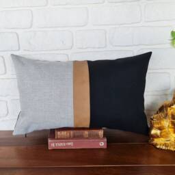 Saddle Tan Faux Leather -Black -Light Gray Color Triangle Diagonal Design Pillow Cover - 1Pcs - thumbnail 4